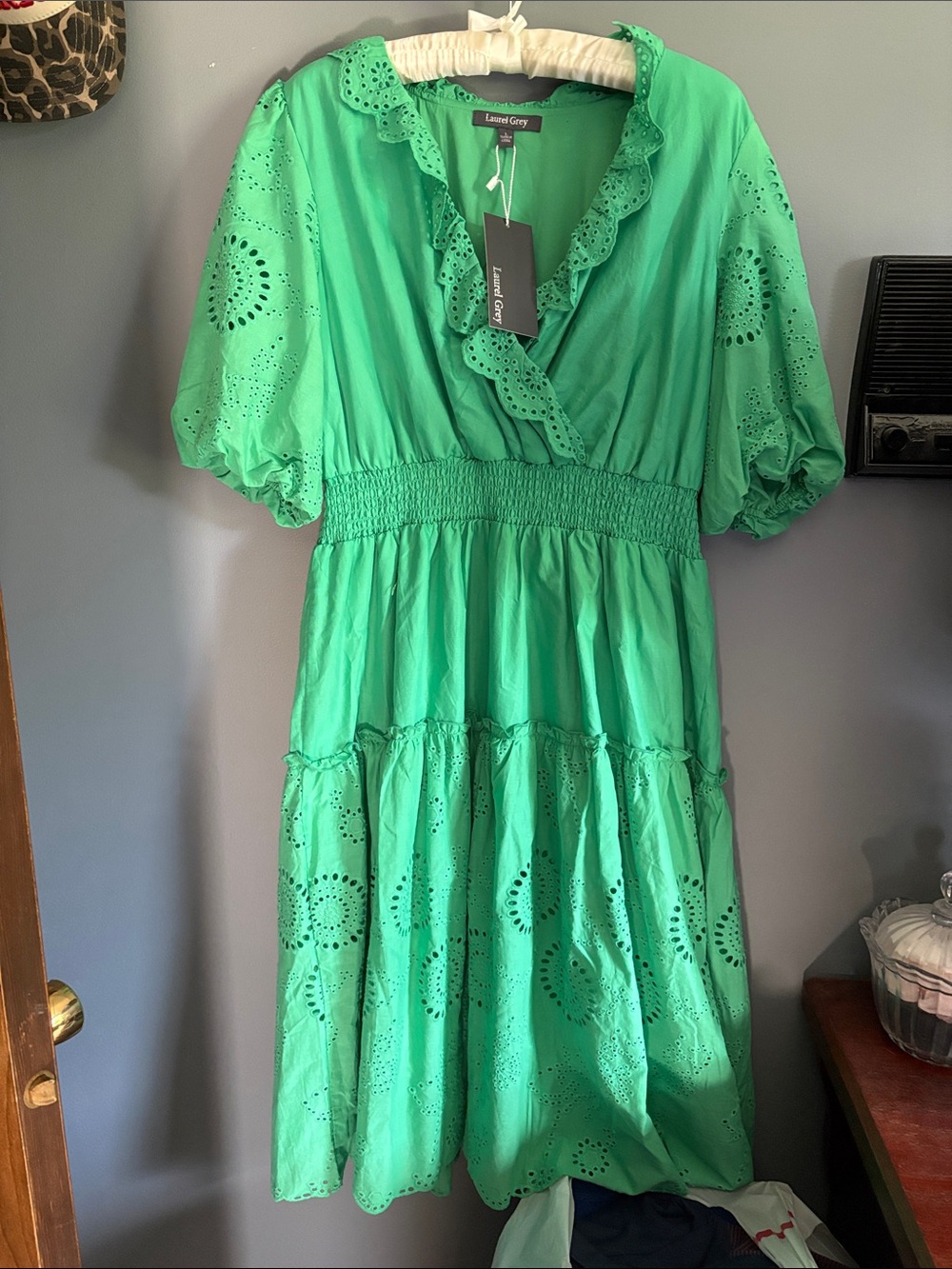 Bright Green Eyelet Midi Dress with Smocked Waist